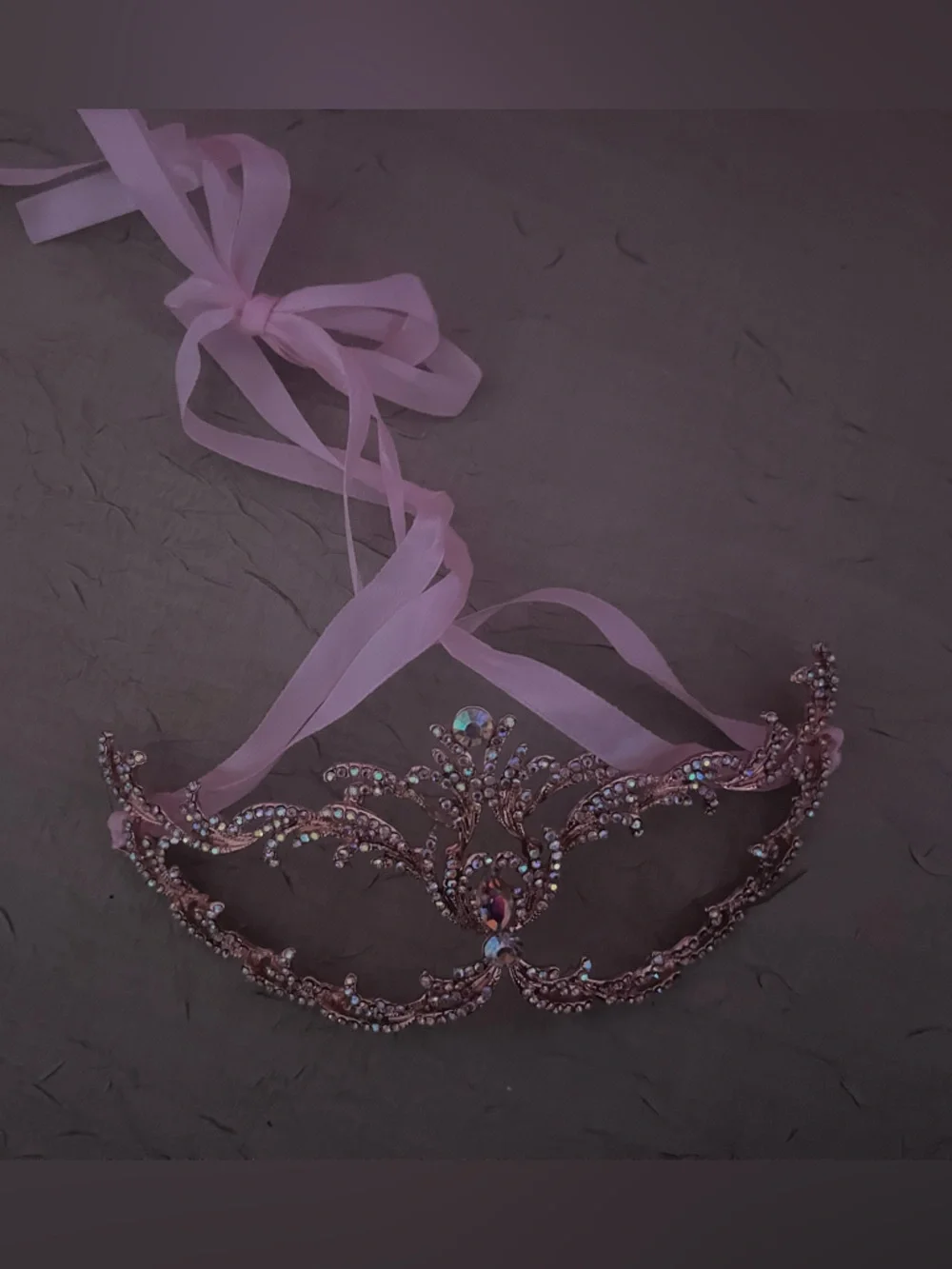 Rose Gold Crystal Venetian Masquerade Mask Rhinestone Filigree Pink Ribbon NWOT
